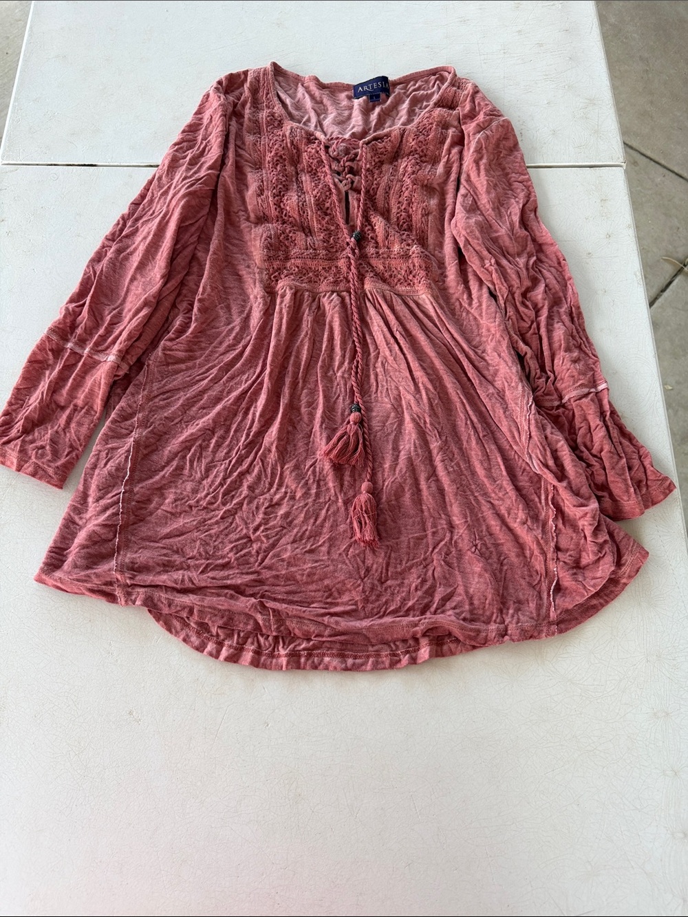 Artesia Washed Lace-Tie Peasant Tunic — Rose